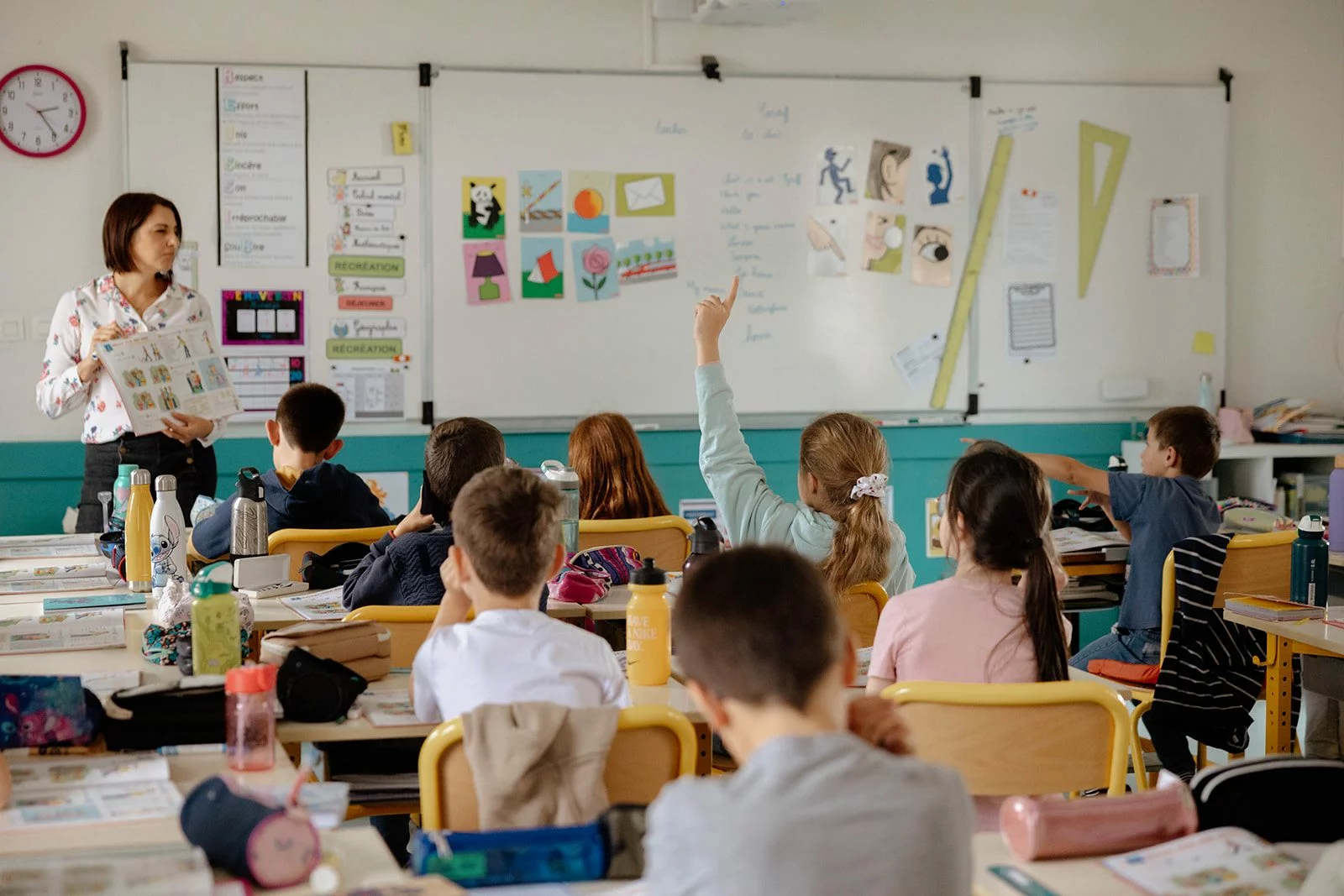 Une classe d’élémentaire vue de dos, les élèves lèvent la main, l’enseignante montre un album devant le tableau